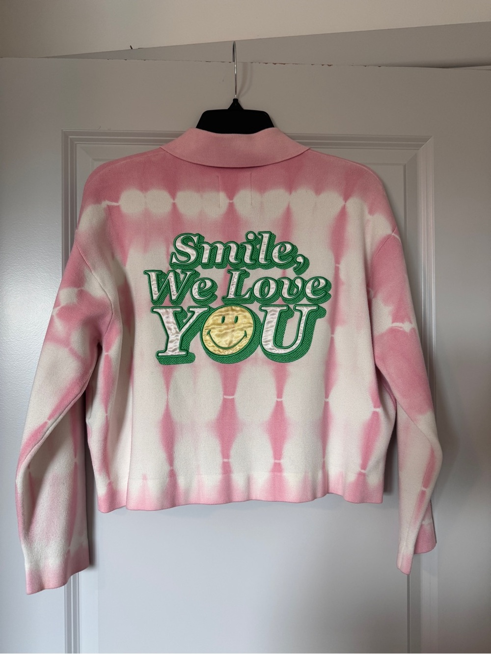 Sandro Pink and White Tie-Dye Sweater with Green Applique